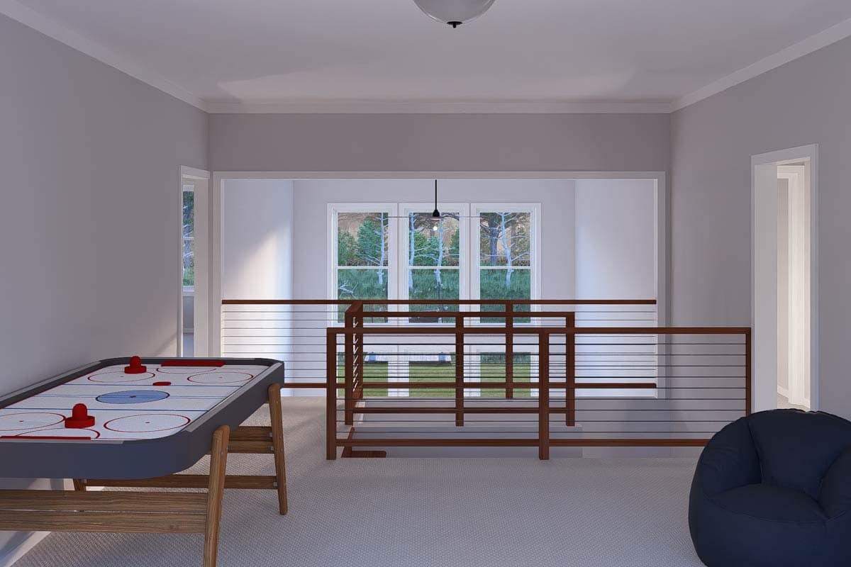 Interior rendering of a loft space with air hockey table, dark beanbag chair, and modern horizontal railing overlooking triple windows.