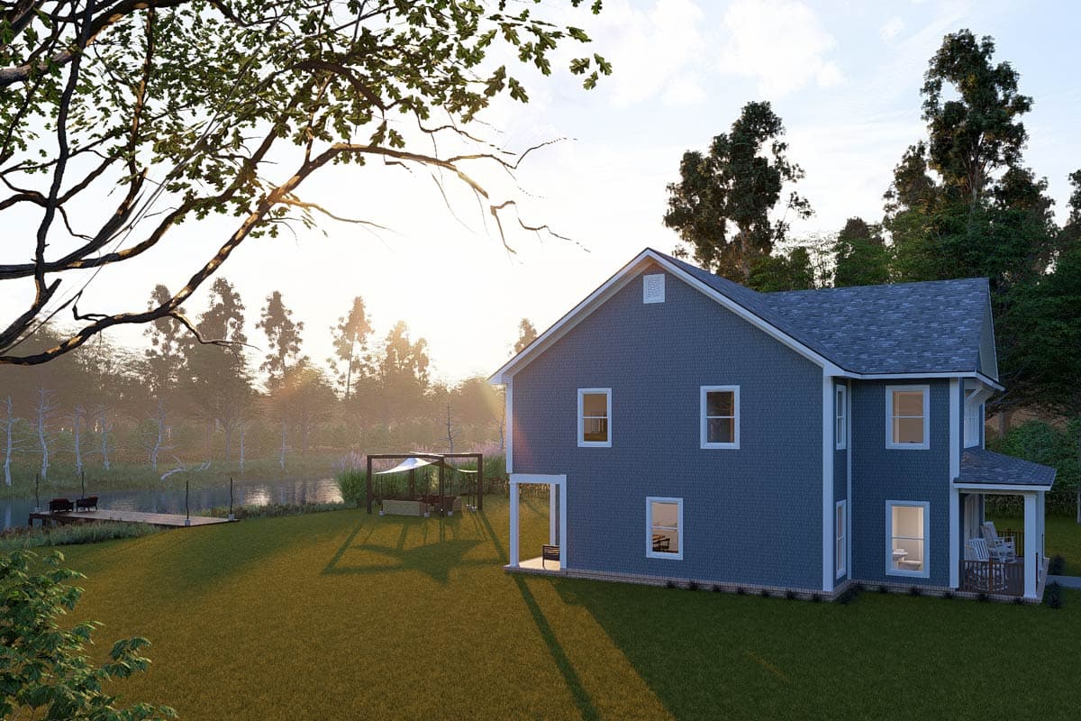 Two-story house plan exterior with blue shingle siding, gabled roof, prominent dormer, and covered front porch with rocking chairs.