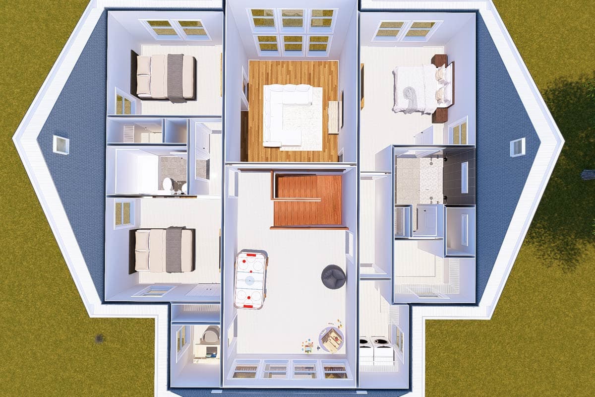 Floor plan showing four bedrooms, three bathrooms, a great room with vaulted ceiling, and an open entertainment area.