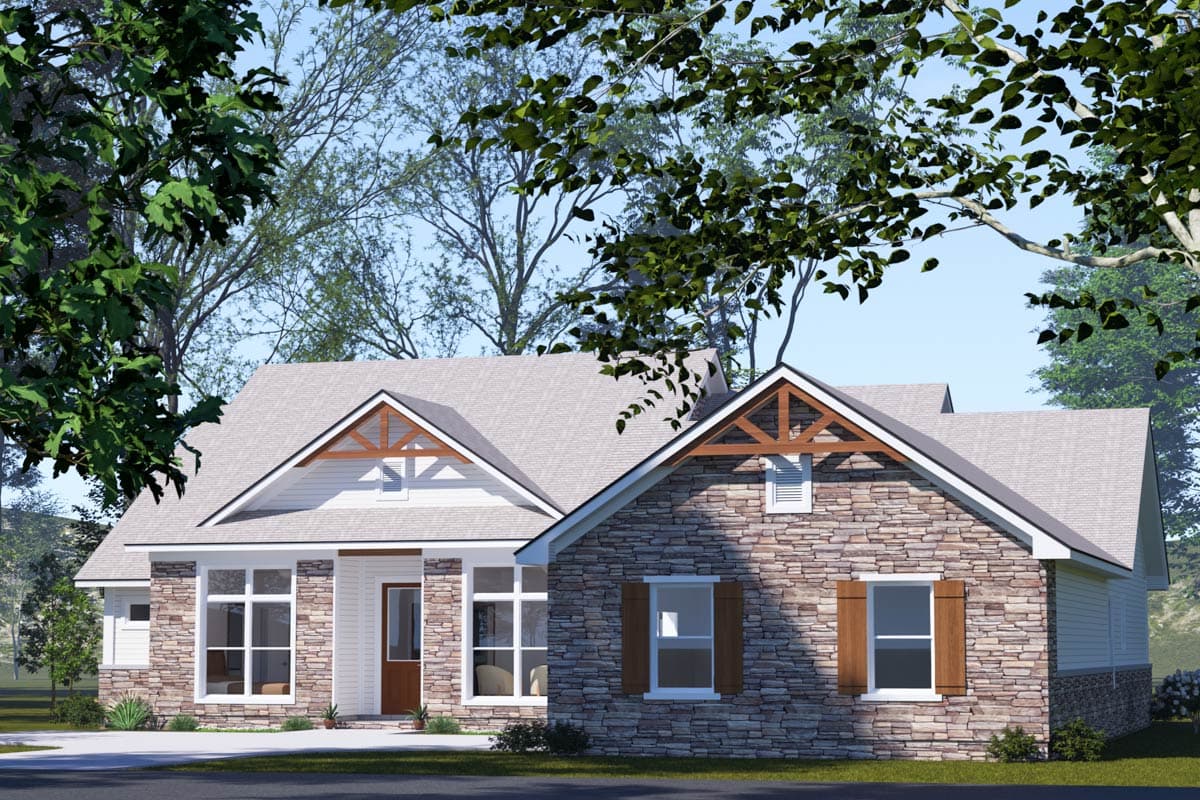 House plan exterior: Single-story Modern Farmhouse with stone accents, gable with decorative beams, and covered entry.