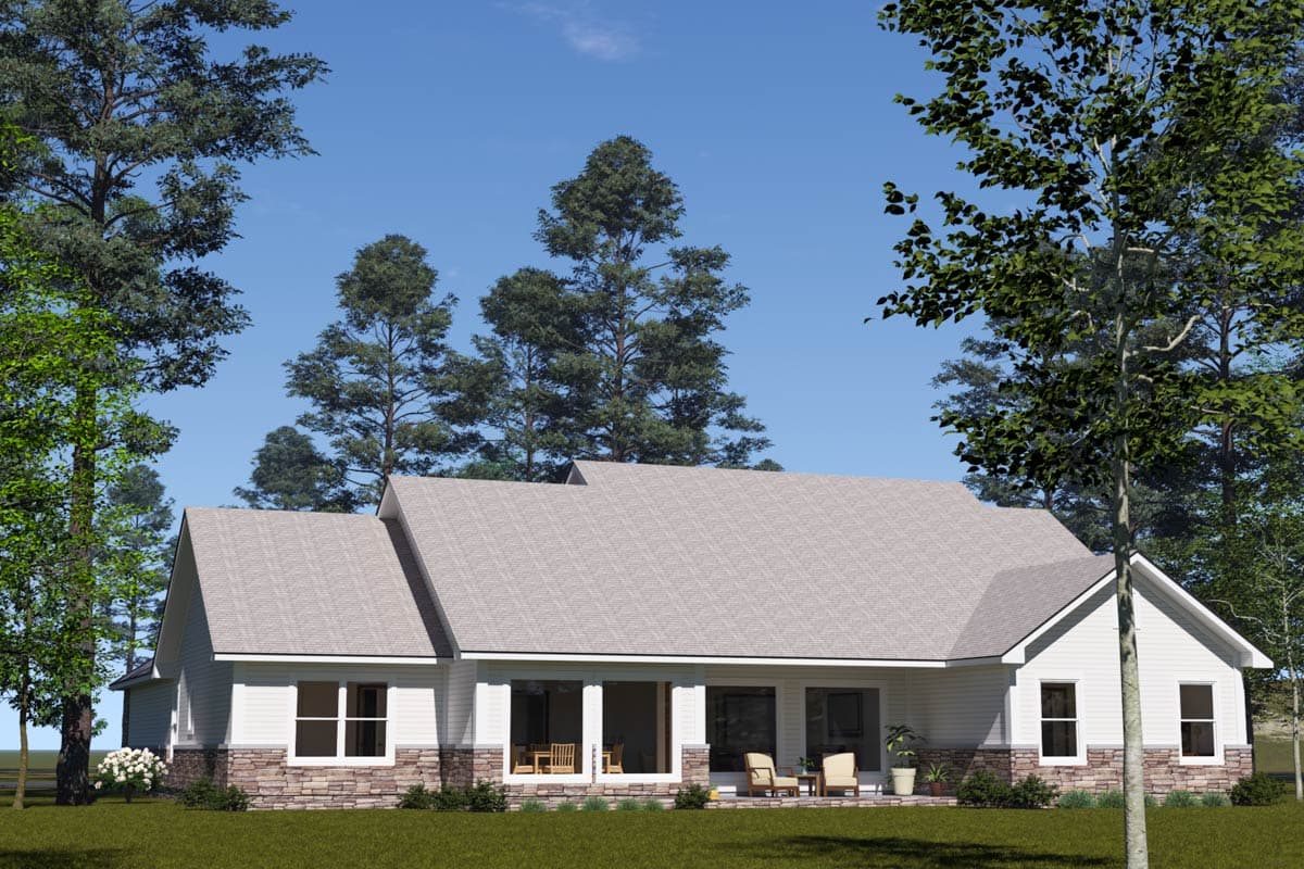 House plan exterior: one-story Modern Farmhouse with stone foundation, gabled rooflines, and covered porch with seating.