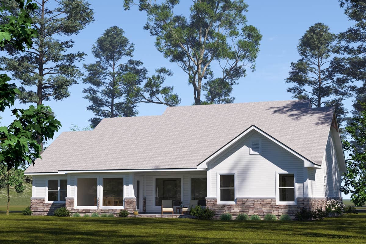 House plan exterior: Ranch style, single story with stone accents, gable, and covered porch with large windows.