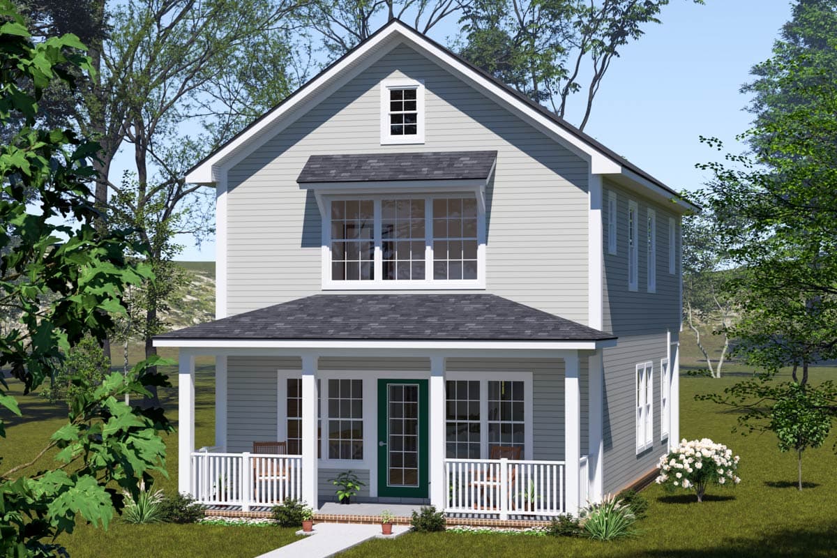 House plan exterior rendering. Two-story design with a front porch, gabled roof, and dormer window. Features include lap siding and a covered entry.