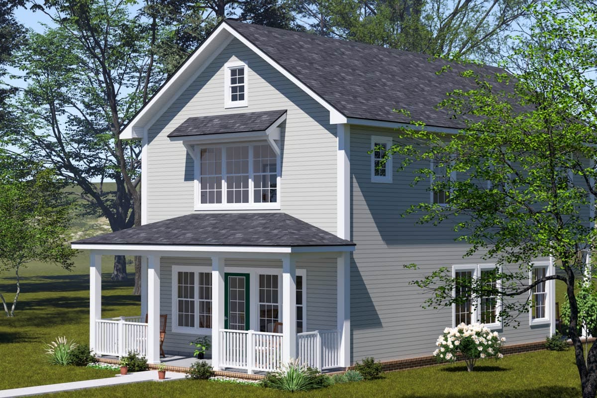 House plan exterior: Two-story home with a gable roof, dormer window, and covered front porch with white railings.