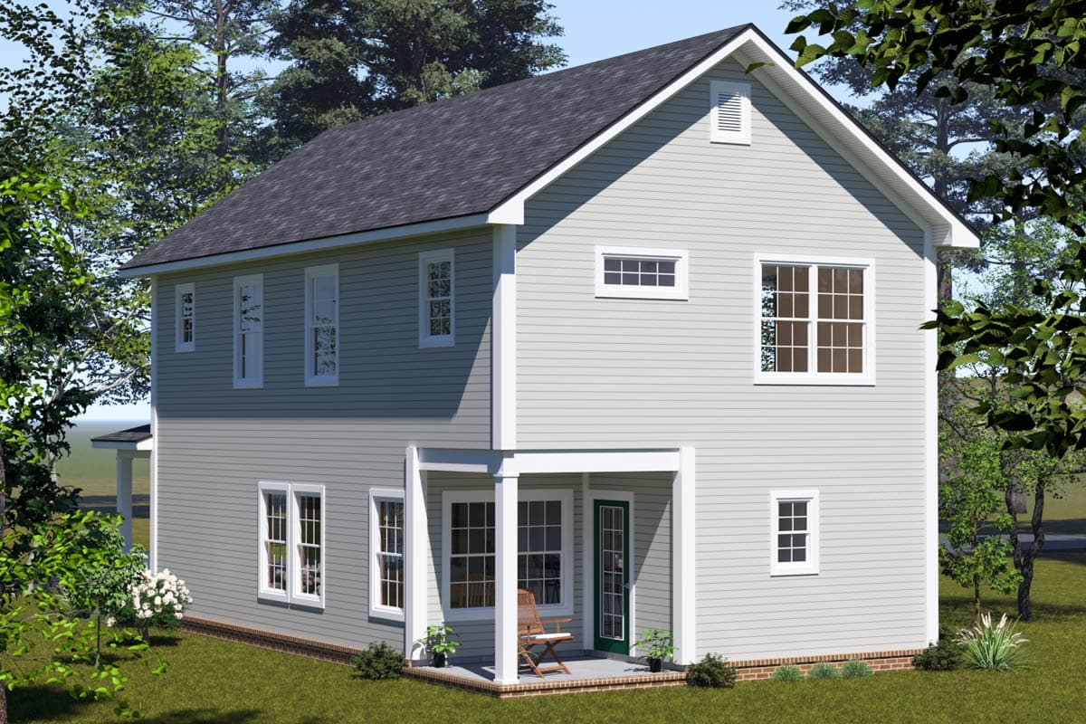 Two-story house plan exterior with vinyl siding, a gable vent, a covered porch with white columns, and numerous windows.