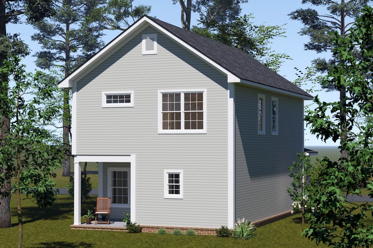 House plan exterior: Two-story Modern Farmhouse with gable roof, covered porch, and varied window sizes.