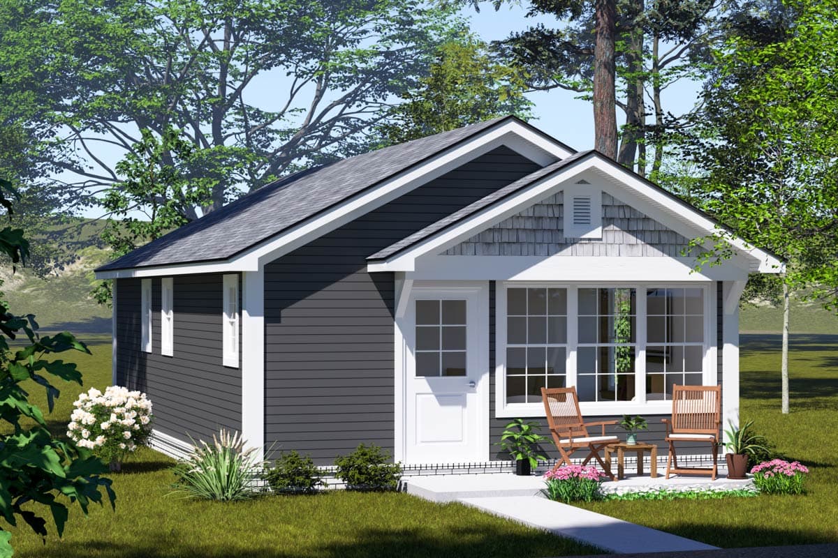 House plan exterior. One-story Cottage style with gabled roof, front porch, and dormer detail above window. Dark gray siding and white trim.