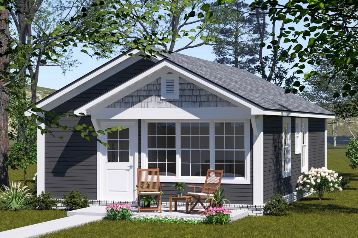 House plan exterior: Single-story Modern Farmhouse with gable roof, front porch, shingle accent siding and large front windows.
