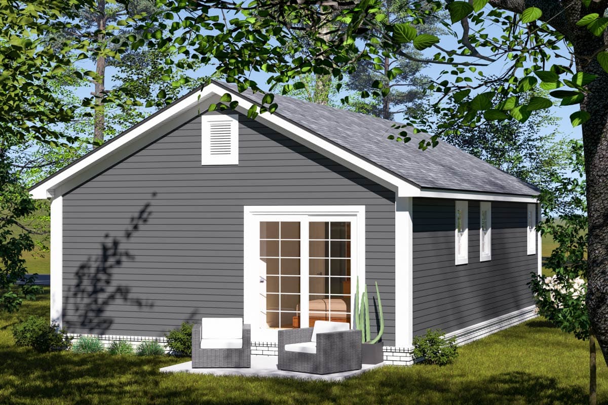 House plan exterior: single-story cottage style with gray siding, white trim, a gable vent, and double glass doors.