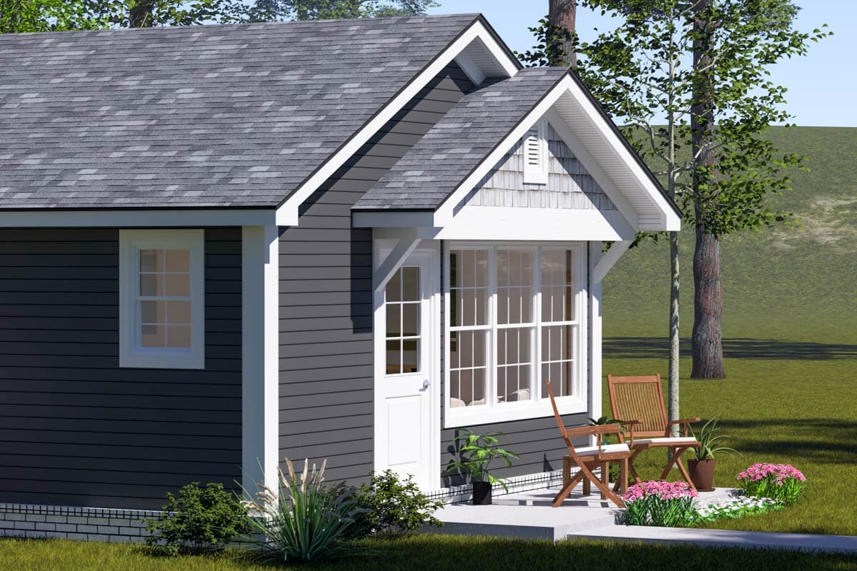 House plan exterior: One-story cottage with gabled roof, corner porch, and bay window.