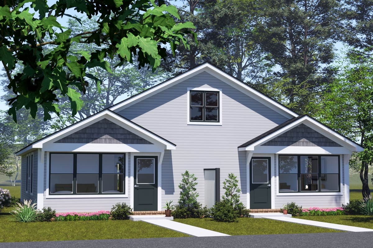 House plan exterior. Two-story, gable roof home with two covered entries. Includes small dormer, decorative shake siding on gables and large windows.