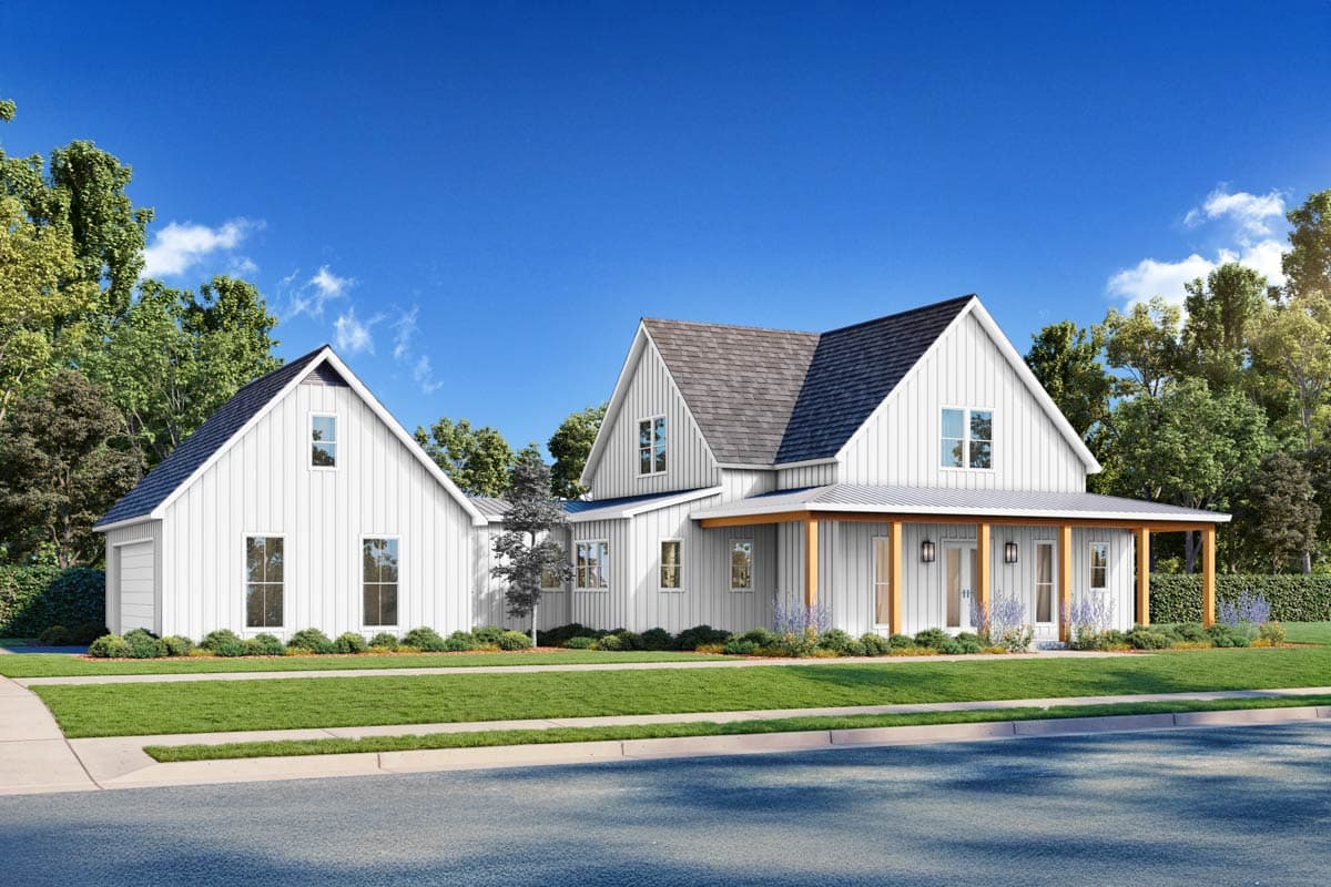 House plan exterior. Modern Farmhouse style, two-story home with a wrap-around porch, gabled rooflines, and a detached garage.