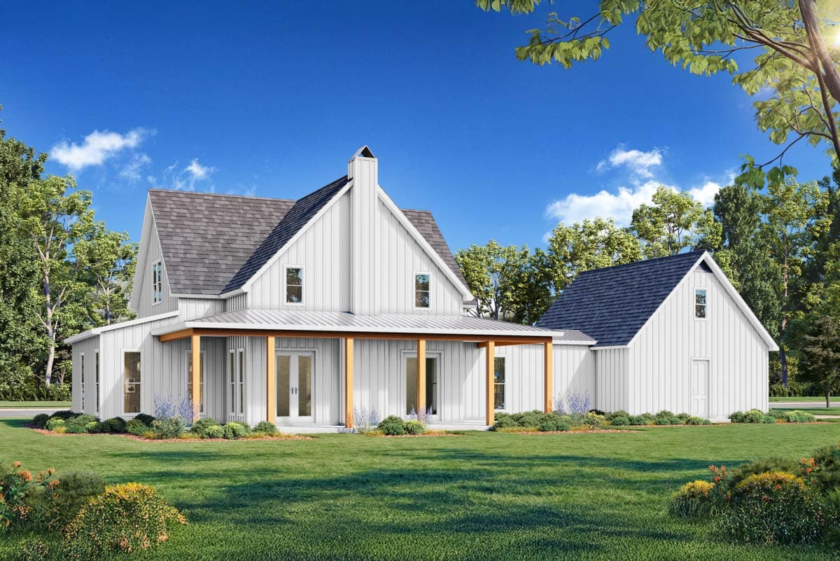 Modern Farmhouse house plan exterior with gables, a prominent chimney, and a covered porch with wood columns.