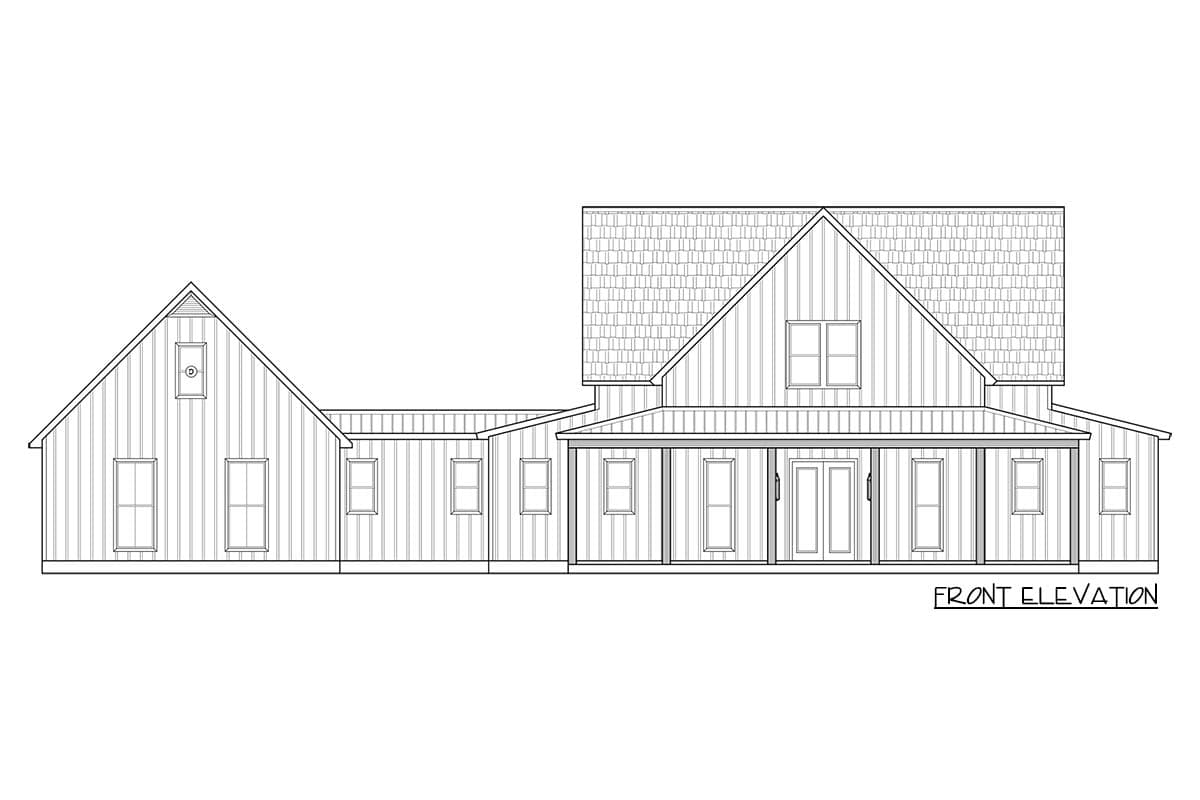 Front elevation house plan showing a two-story main section and a one-story wing, with a covered porch and vertical siding.