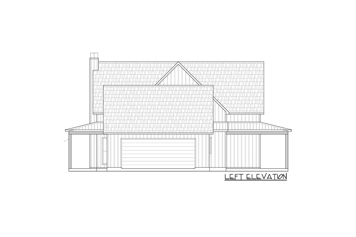 Left elevation drawing of a house plan featuring a garage, covered porch, and prominent gables with shingle roof detail.