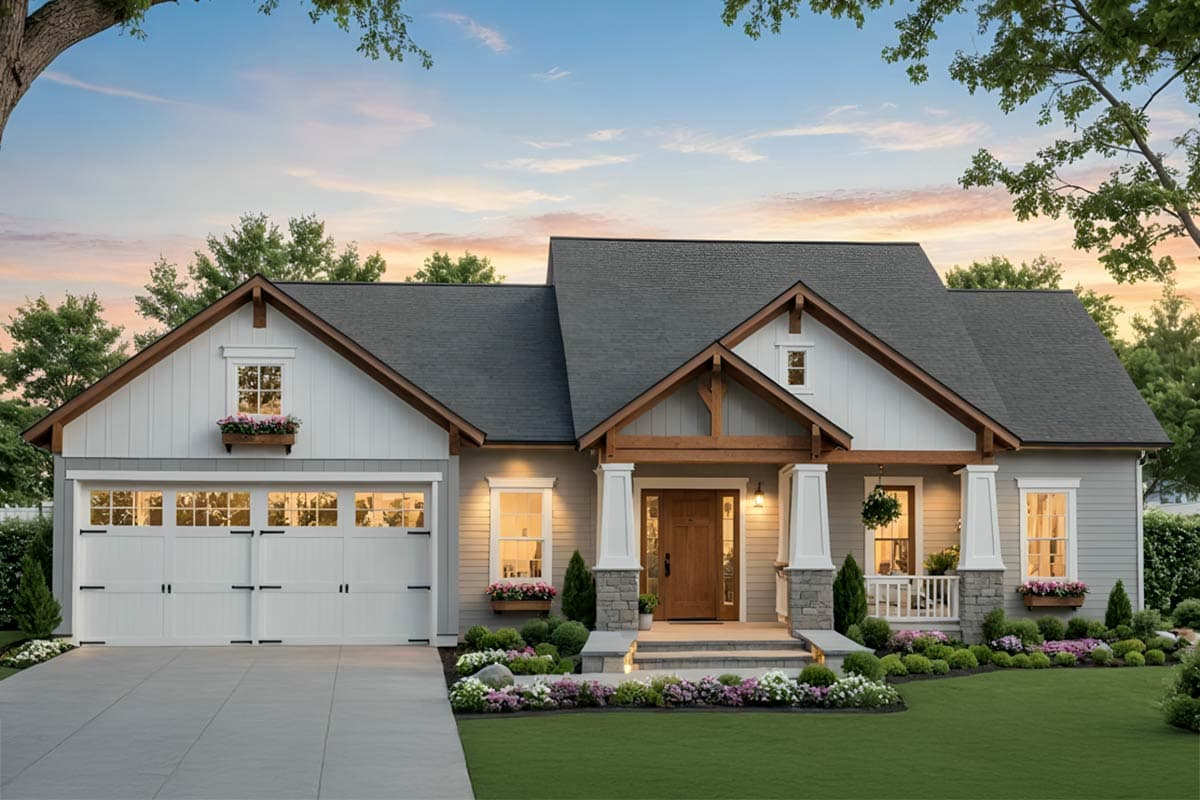 House plan exterior. Craftsman style, one-story home with gables and a front porch. Features include a two-car garage and a low-pitched roofline.