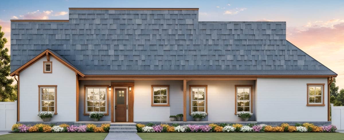 House plan exterior: One-story Modern Farmhouse with a covered front porch, multiple gables, and a contrasting shingle roof.