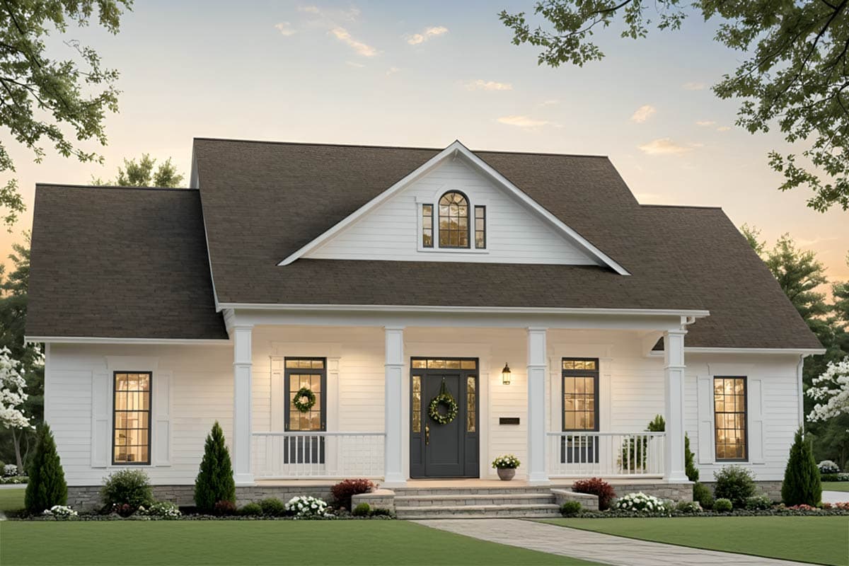 House plan exterior. Two-story farmhouse with a front porch, gabled roof, and dormer window. Features include white siding and dark roof.