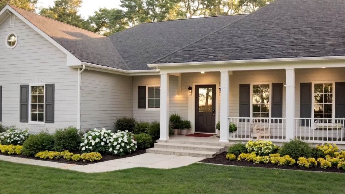 House plan exterior: One-story Modern Farmhouse with a covered front porch, gabled roof, and lap siding.