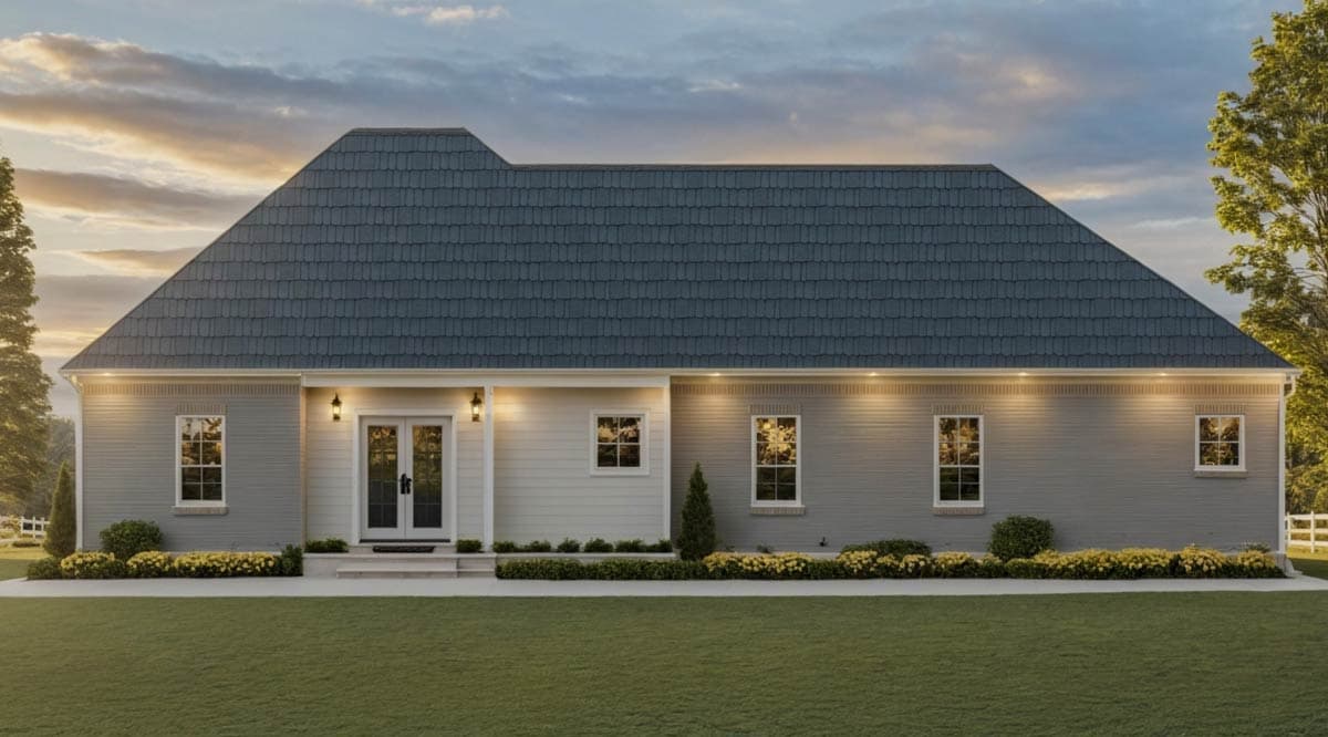 House plan exterior: one-story home with double front doors, hip roof, and mixed siding and brick facade.