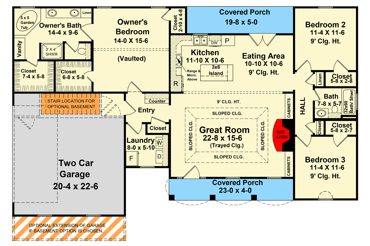 Plan 51240MM: Cozy Ranch House Plan with Spacious Porches and Split Bedrooms - Floor Plan - Optional Garage Extension - Ranch, Traditional