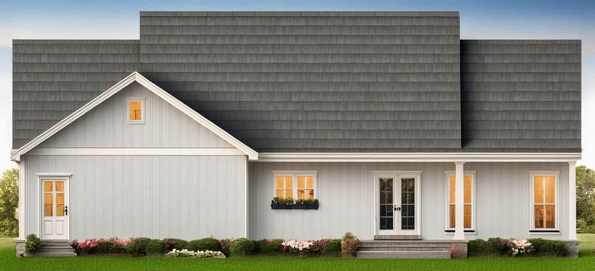 House plan exterior showing gabled front, covered porch with columns, and vertical siding.