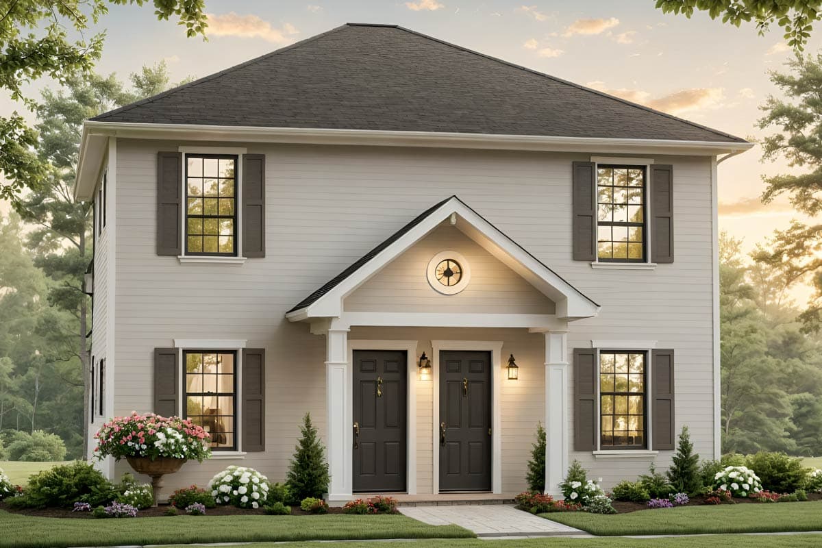 House plan exterior. Two-story with gable roof, front porch with columns, and symmetrical facade with shuttered windows.