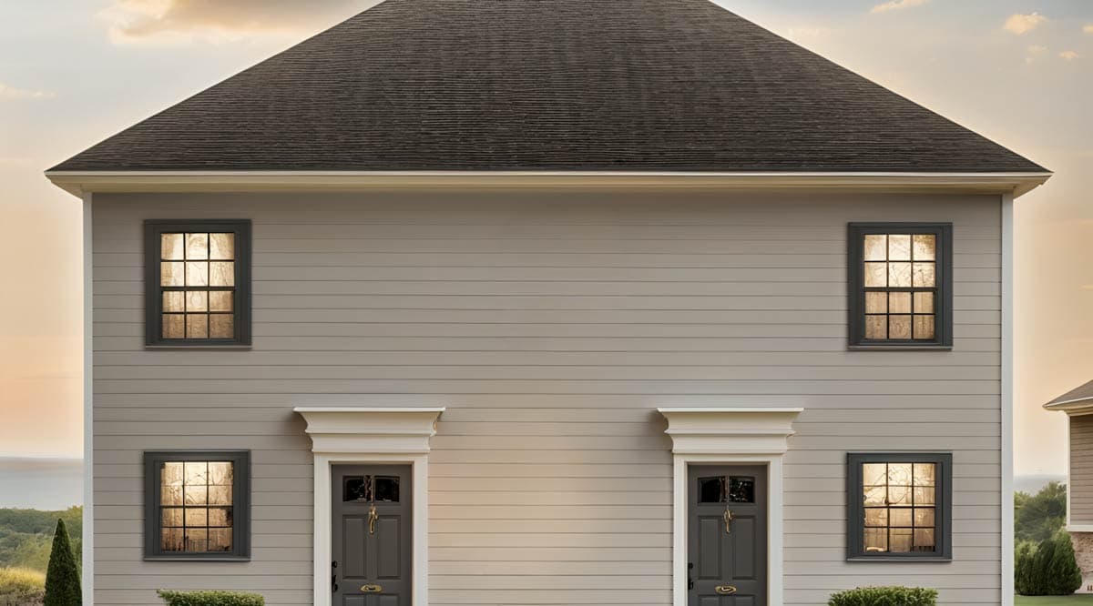 House plan exterior: two-story facade with symmetrical double front doors, four windows, and a prominent gable roof.