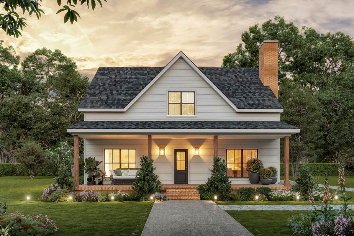 House plan exterior with gabled roof, covered porch, central dormer, and brick chimney.