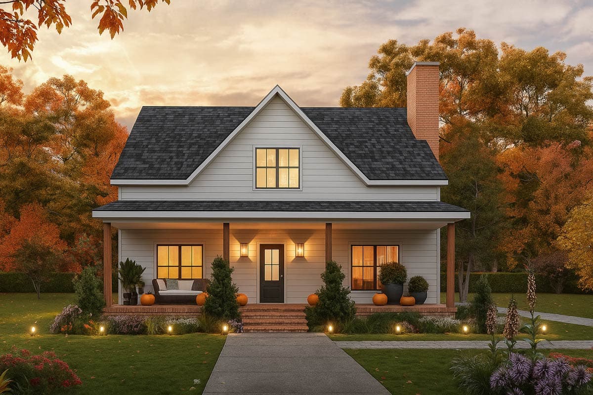 House plan exterior. Two-story farmhouse with a front porch, gabled roof, and brick chimney. Features include a symmetrical facade and dormer.