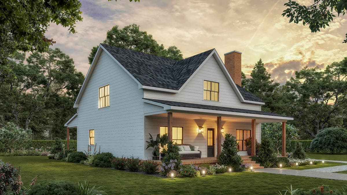 House plan exterior: Modern Farmhouse style, two stories, gabled roof, brick chimney, and wraparound porch.