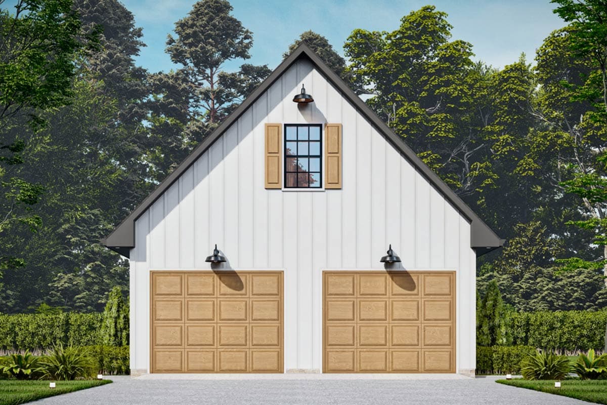 House plan exterior: Two-car garage with board-and-batten siding, a gable roof, and a small window with shutters in the gable.