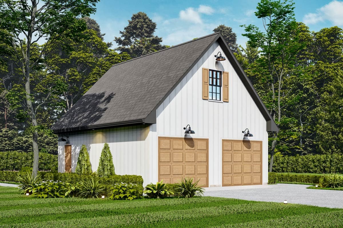 Modern Farmhouse style house plan exterior with two garage doors, a single entry door, and a gable dormer.