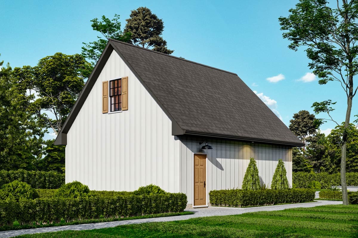 Modern Farmhouse house plan exterior with vertical siding, steeply pitched roof, dormer window, and paneled door.