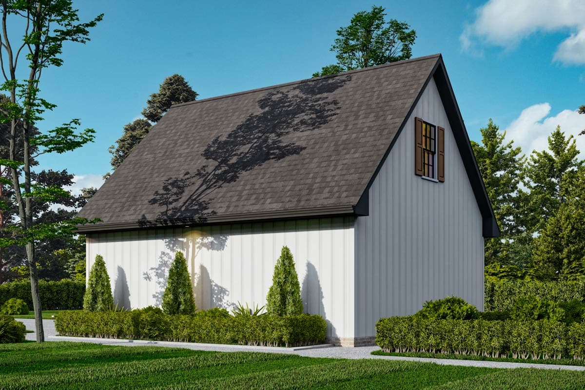 House plan exterior showing a gabled roof, vertical siding, and a single dormer window with shutters.