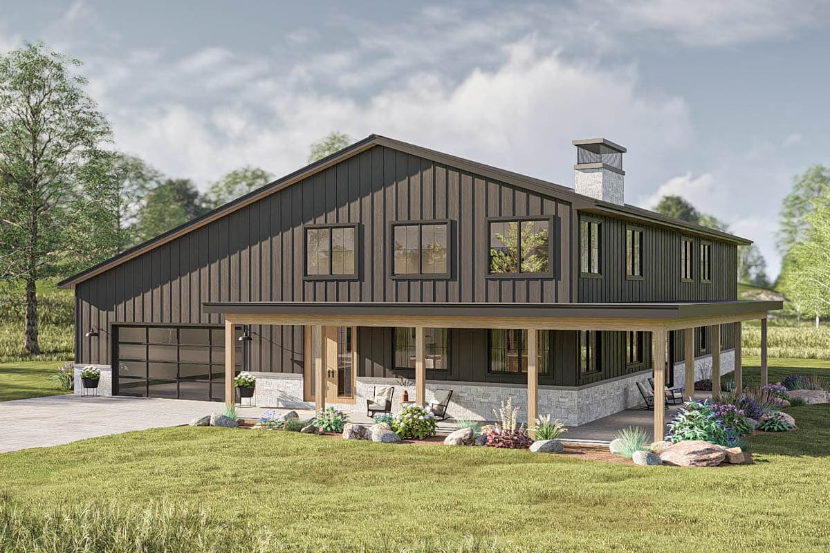 House plan exterior with board and batten siding, two stories, covered porch, and attached garage. Includes a stone chimney.