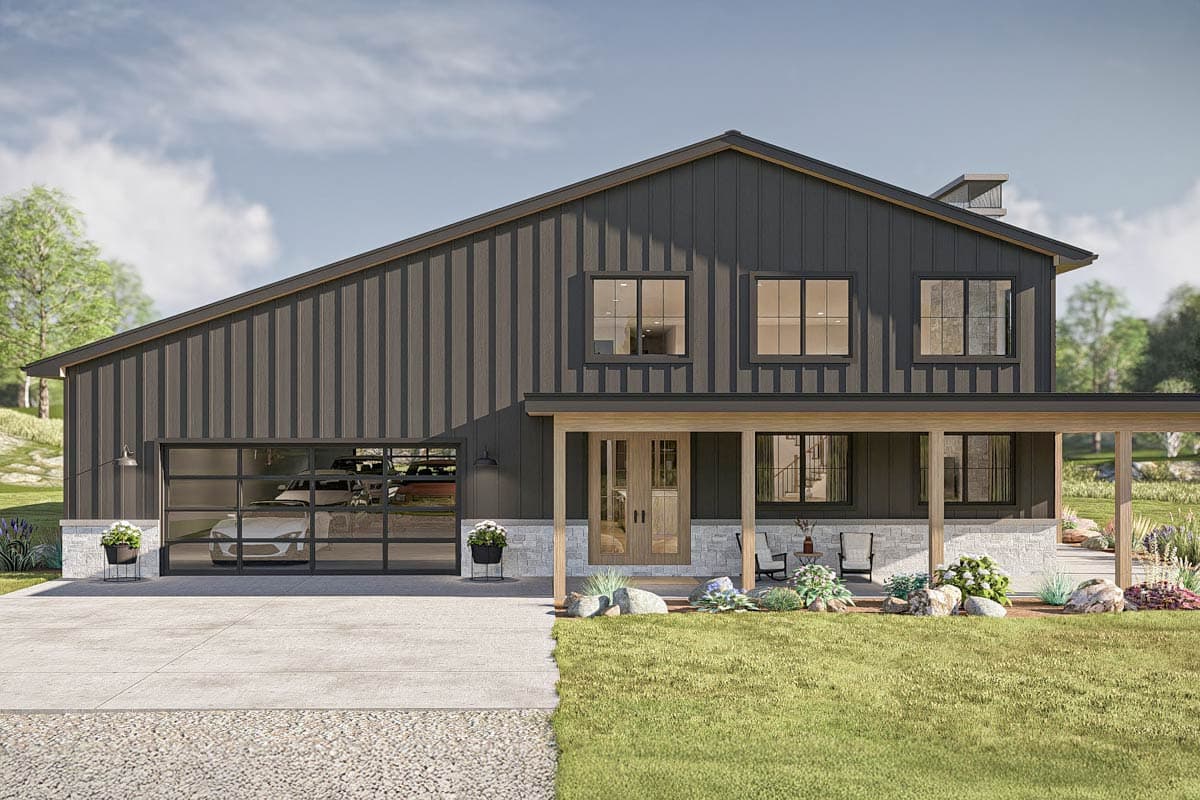 Modern house plan exterior with vertical siding, covered porch, double doors, and a glass garage door.