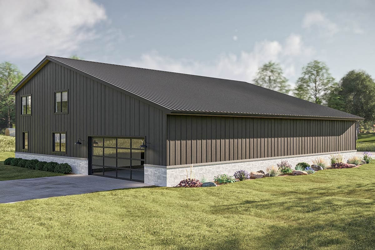 House plan exterior with dark vertical siding, gabled roof, and glass garage door.