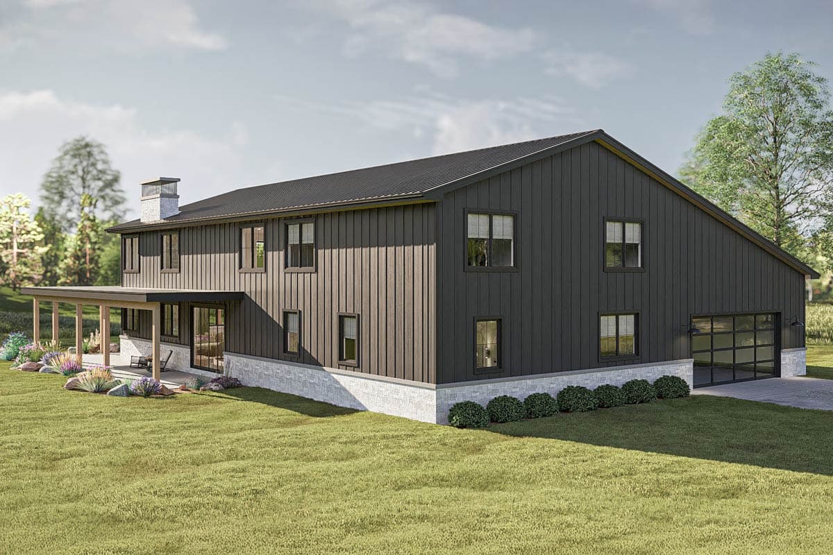 Modern farmhouse house plan exterior with vertical siding, stone foundation, covered porch, and glass garage door.