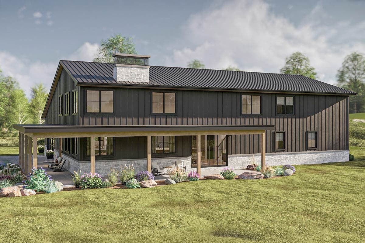 Modern farmhouse house plan exterior with dark vertical siding, metal roof, stone base, and covered porch.
