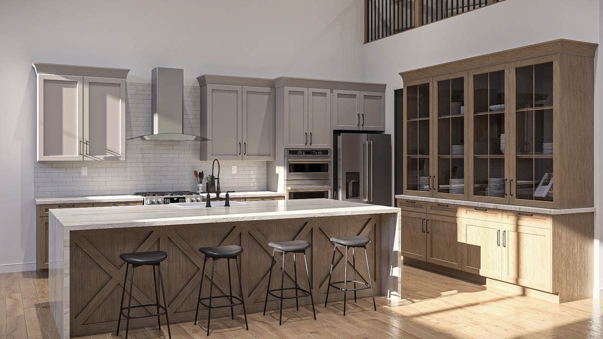 Kitchen rendering with gray cabinets, stainless steel appliances, island with seating, and wood-paneled wall.