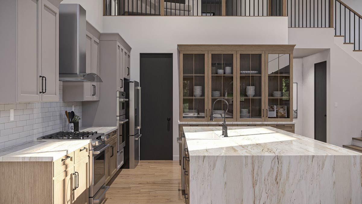 Interior rendering of a modern kitchen with a large island, glass-front cabinets, and stainless steel appliances. Open to a loft space.