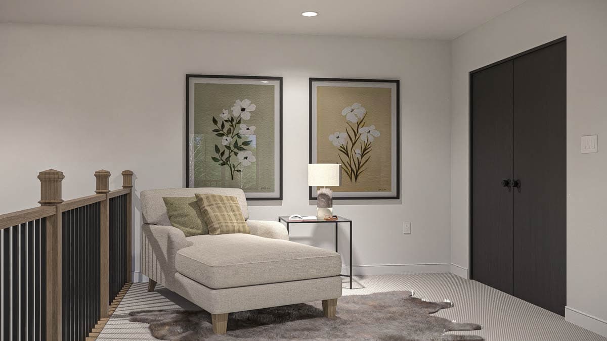 Interior rendering of a landing with a chaise lounge, two floral art prints, a side table, and double doors.