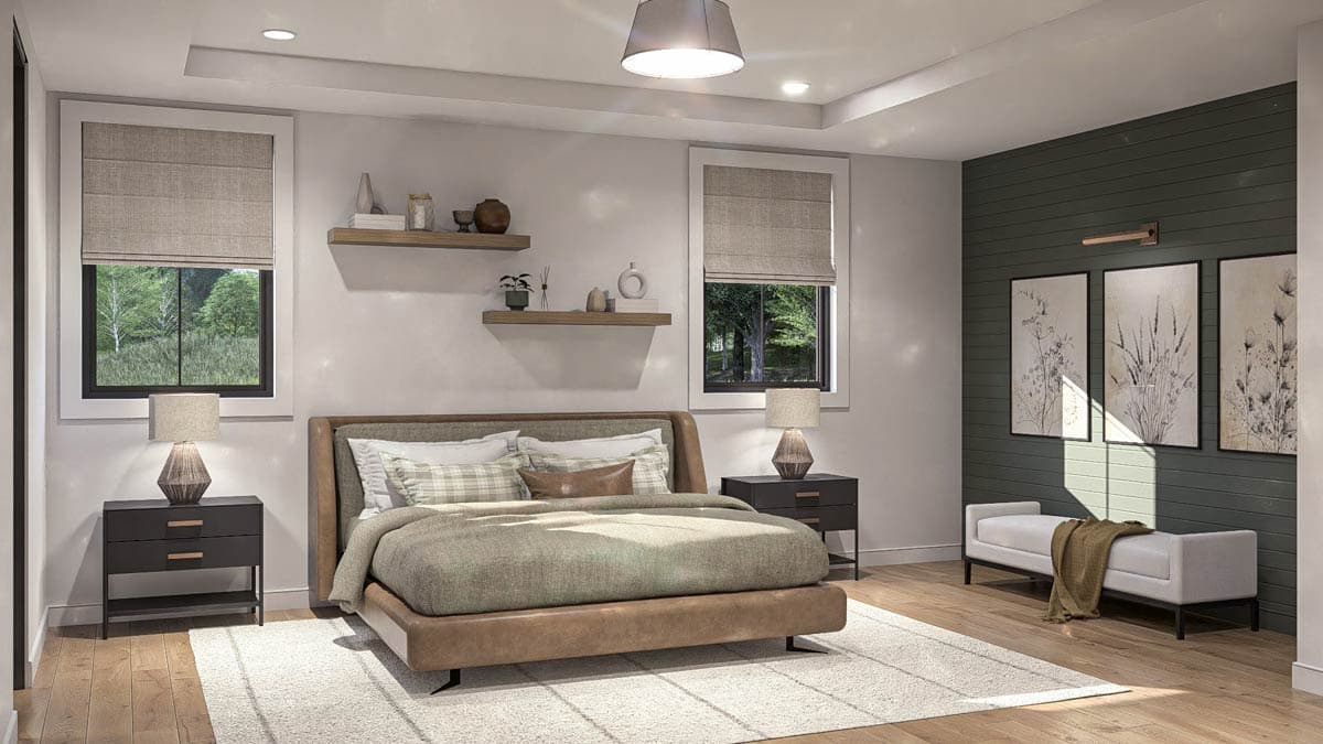 Bedroom interior rendering with a king bed, two nightstands, a bench, and artwork on a shiplap accent wall.