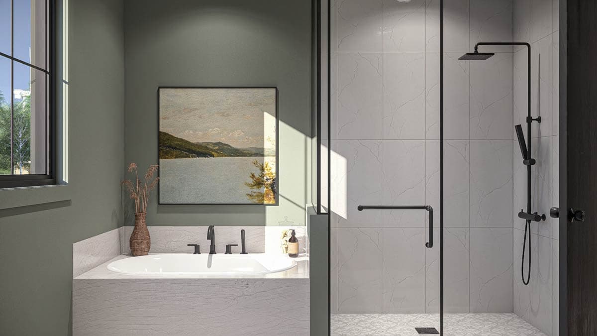 Modern bathroom with freestanding tub, black fixtures, and glass-enclosed shower with marble tile.