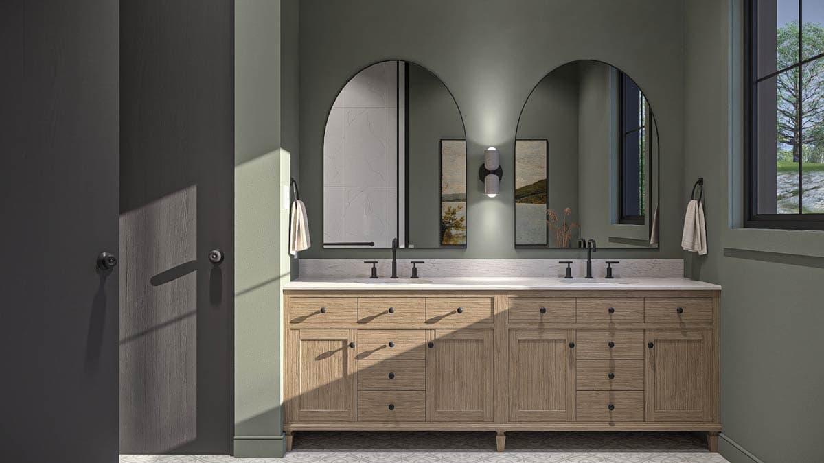 Bathroom rendering with a double vanity, arched mirrors, and natural light.