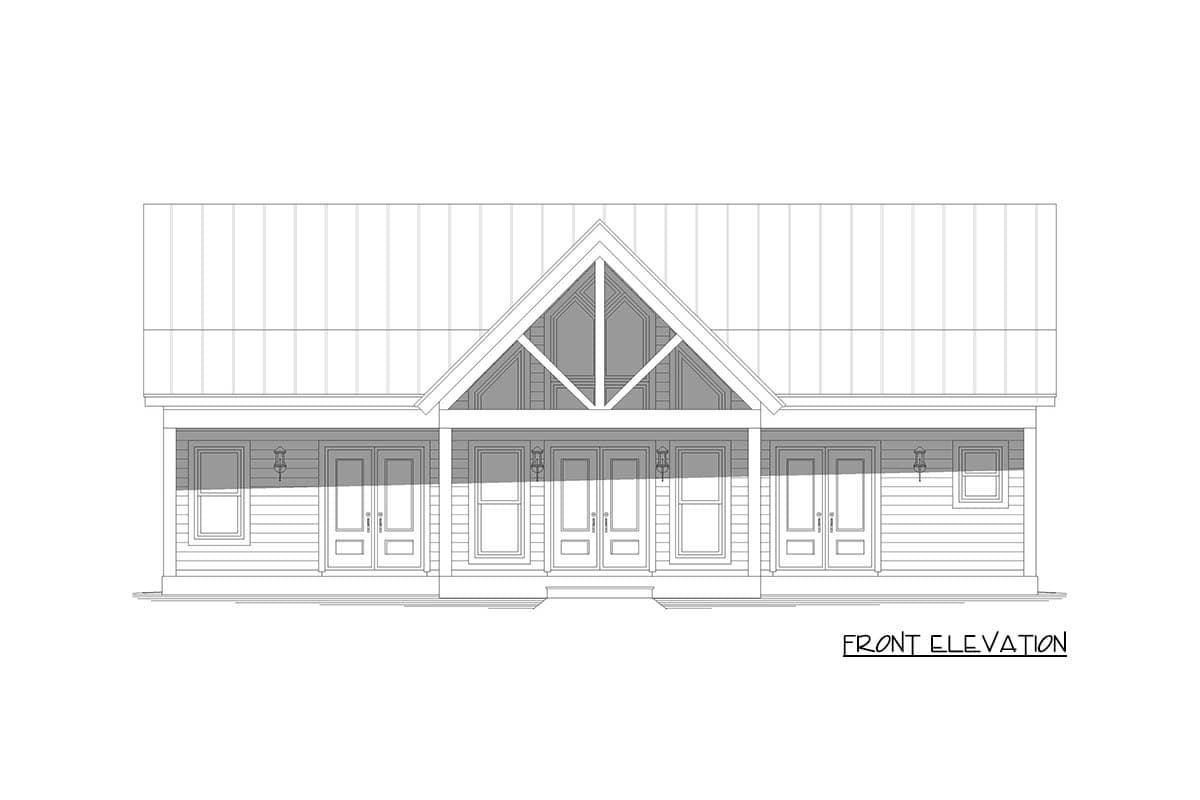 Front elevation of a house plan with a gabled roof, deep porch, and five doors.