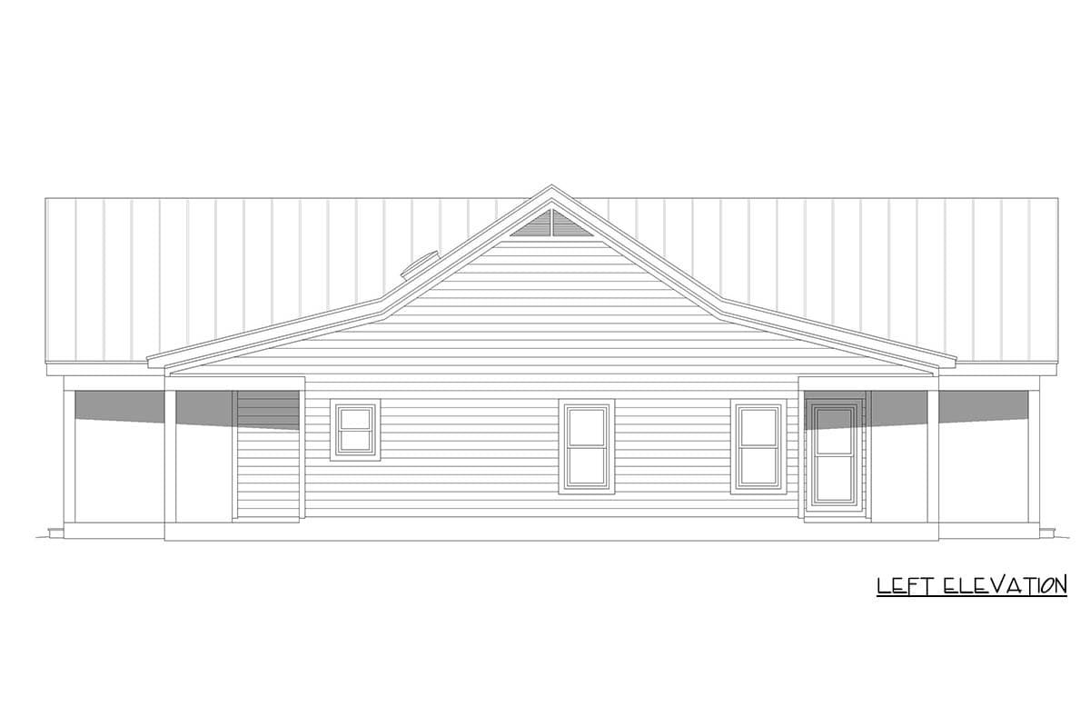 Left elevation house plan drawing with a metal standing seam roof, gabled dormer, and covered porch.