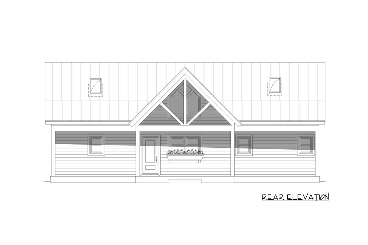 Rear elevation drawing of a house with a gabled porch, metal roof, dormers, and horizontal siding.
