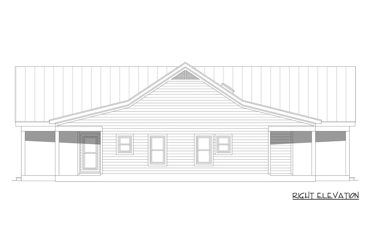 Right elevation floor plan drawing of a single-story house with a gabled roof, porch, and four windows.